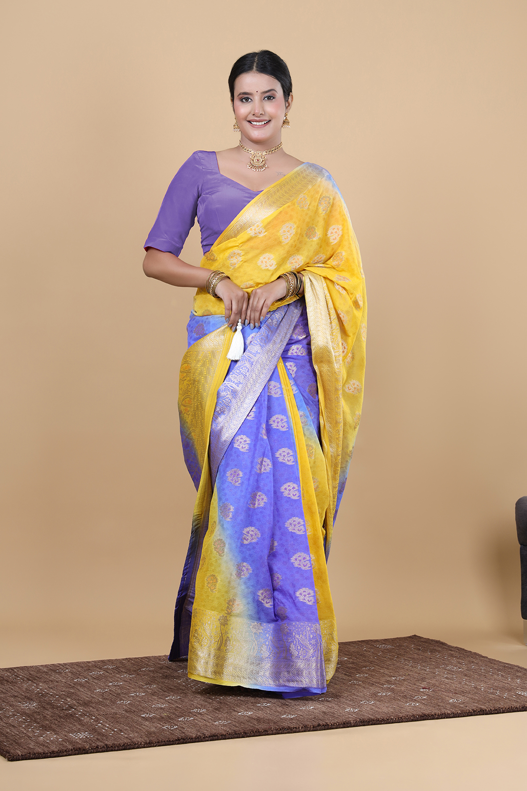 Yellow & Blue Pure Georgette Saree with Zari Border Pallu